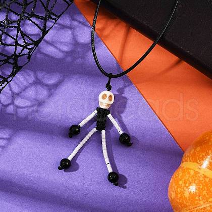 Halloween Theme Skeleton Glass Seed Beaded & Natural Black Onyx(Dyed & Heated) & Skull Dyed Synthetic Turquoise Pendant Necklaces NJEW-MZ00117-06-1