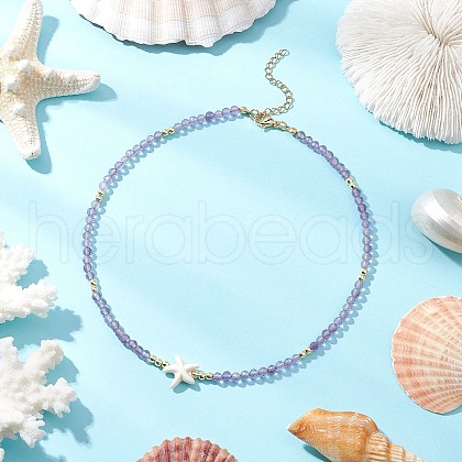 Summer Beach Natural Amethyst Round Beaded Necklaces NJEW-JN05262-03-1