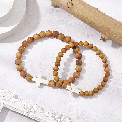 2Pcs Wood Beads Stretch Bracelets for Couple BJEW-JB11305-03-1