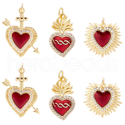Beebeecraft 6Pcs 3 Styles Brass Micro Pave Clear Grade AAA Cubic Zirconia Pendants KK-BBC0015-33A-1