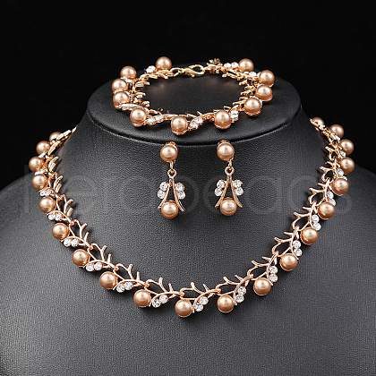 Alloy Rhinestone & Plastic Imitation Pearl Leaf Link Chain Necklaces & Stud Dangle Earrings & Link Bracelets Sets WG65A67-01-1