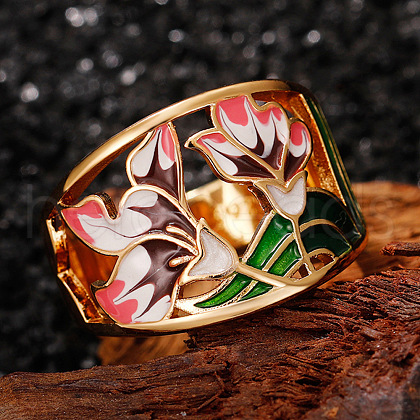 Flower Pattern Brass Enamel Finger Rings FS-WGFE972-02-1