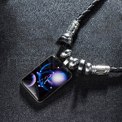 Luminous Alloy Glass Rectangle with Constellation Pendant Black Braided PU Leather Cord Necklaces WGCC9BA-07-1
