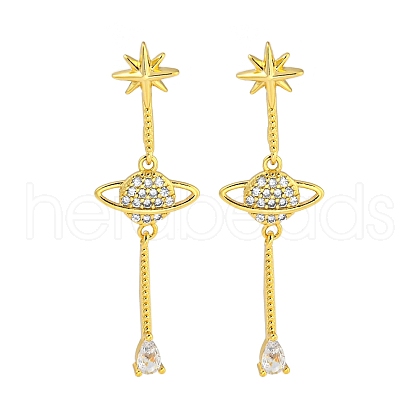 Rack Plating Planet Brass Micro Pave Clear Cubic Zirconia Stud Earrings EJEW-B061-07G-1