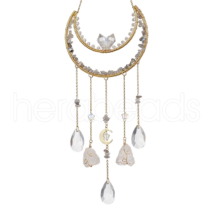 Nuggets Natural Quartz Crystal & Labradorite Chip & Brass Moon Hanging Ornaments HJEW-JM02566-1