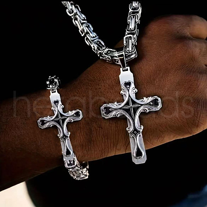 Gothic Style Cross 304 Stainless Steel Pendant Necklace & Link Bracelet FS-WG287BB-03-1