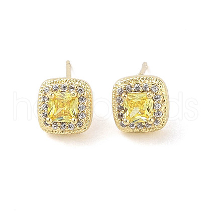 Square Brass Micro Pave Clear Cubic Zirconia Stud Earrings with Glass for Women EJEW-L285-005G-1