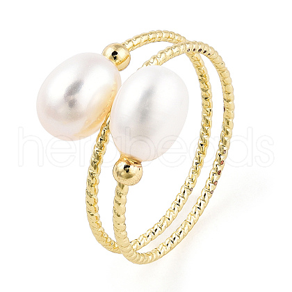Mother's Day Jewellery Natural Pearl Beaded Wrapped Cuff Ring RJEW-T026-04G-1