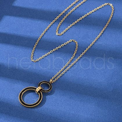 304 Stainless Steel Jet Rhinestone Double Rings Pendant Necklaces NJEW-V001-04G-1