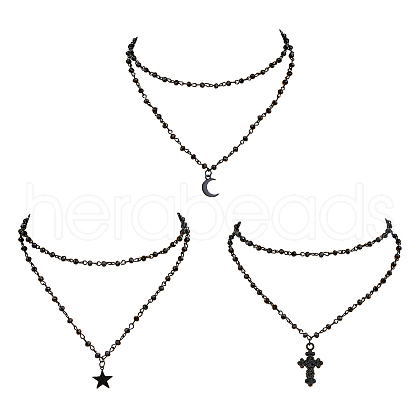 FIBLOOM 3 Set 3 Style Moon & Cross & Star Pendant Necklaces Set NJEW-FI0001-14-1
