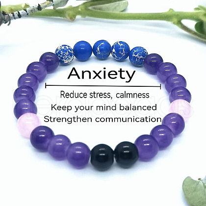 Round Natural Amethyst & Rose Quartz & Dyed Imperial Jasper & Black Jade Beads Stretch Bracelets for Girl Women FS-WGE0C43-05-1