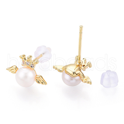 Mother's Day Jewellery Natural Pearl Stud Earrings Micro Clear Cubic Zirconia PEAR-N022-B04-1