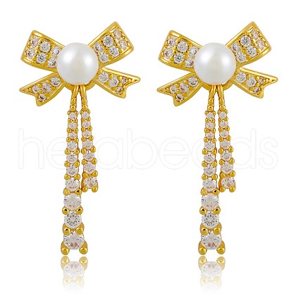 Clear Cubic Zirconia Bowknot Dangle Stud Earrings with Imitation Pearl Beaded JE1094A-1