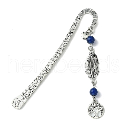 Tree of Life Feather Tibetan Style Alloy Pendant Bookmark with Cat Eye AJEW-JK00277-04-1