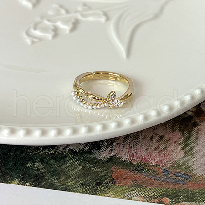 Brass & White Imitation Pearl Open Cuff Rings for Women FS-WGC2A84-02-1
