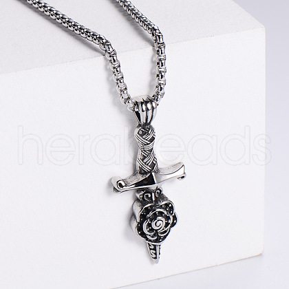 Stainless Steel Flower Sword Pendant Necklaces for Men TD5975-1-1