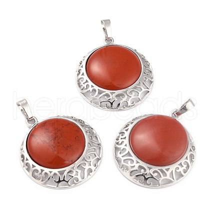 Natural Red Jasper Pendants with Hollow Platinum Brass Findings G-P448-A17-P-1