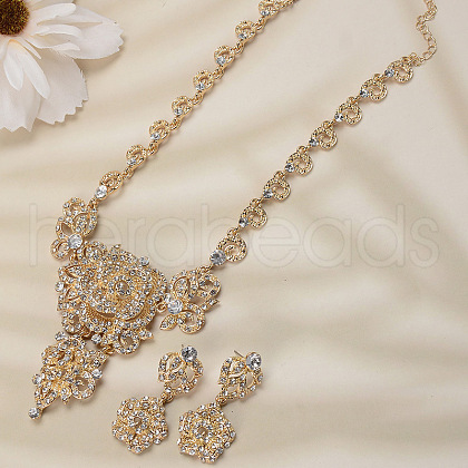 Flower Alloy Crystal Rhinestone Pendant Necklace & Stud Dangle Earring Sets FS-WG26700-01-1