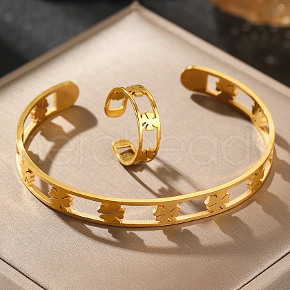 304 Stainless Steel Cuff Bangle & Cuff Rings Sets SJEW-Z003-01G-1