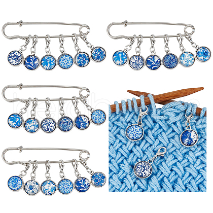 4Pcs Blue Flower Pattern Glass Pendant Stitch Markers HJEW-BC00004-1