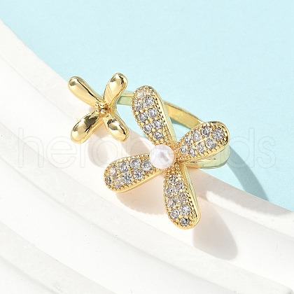 Brass Micro Pave Cubic Zirconia ABS Imitation Pearl Cuff Rings RJEW-D307-02G-A-1