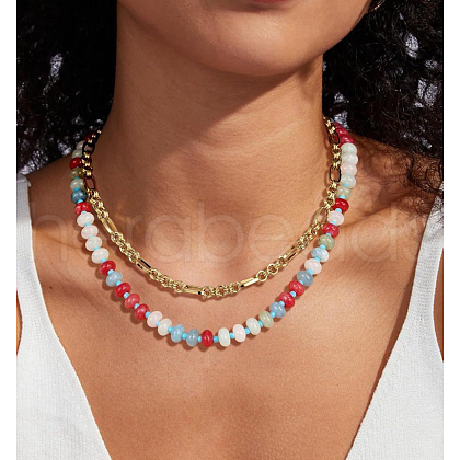 Bohemian Style Natural Aquamarine Rondelle Beaded Pendant Necklaces for Women FS-WG34FBA-03-1