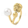 304 Stainless Steel Round Ball Open Cuff Ring with ABS Plastic Imitation Pearl RJEW-G297-02G-1