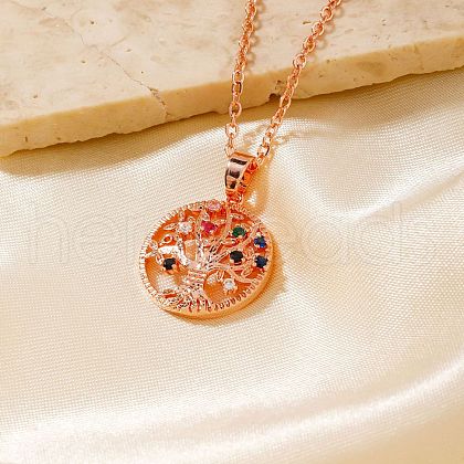 Exquisite Brass Pave Colorful Cubic Zirconia Tree of Life Pendant Necklaces for Women AE4666-1