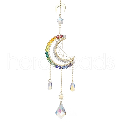 Wire Wrapped Glass Beads Moon Hanging Ornaments HJEW-TA00204-1