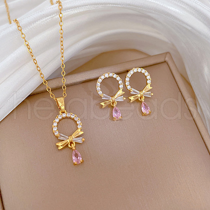 Brass Micro Pave Cubic Zirconia Pendant Necklace & Stud Earrings WG7AC39-147-1