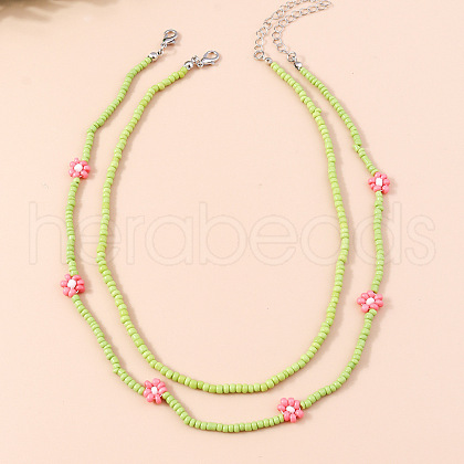 2Pcs Flower Glass Seed Beaded with Plastic Pearl Beaded Necklace Sets for Women FS-WGE85A7-16-1