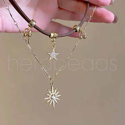 Zinc Alloy Crystal Rhinestone Sun Star Pendant PU Leather Cord Double Layer Necklaces for Women FS-WGD520A-01-1