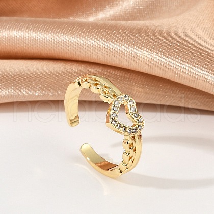 Heart Brass Micro Pave Clear Cubic Zirconia Open Cuff Rings for Women RJEW-G343-01G-1