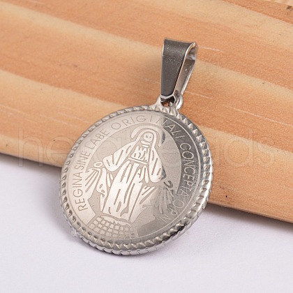 Flat Round with Virgin Mary & Word 304 Stainless Steel Pendants STAS-I036-02C-1