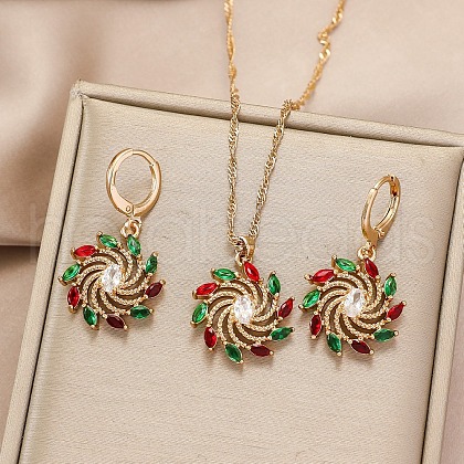 Christmas Alloy Micro Pave Cubic Zirconia Pendant Necklaces & Hoop Earrings Sets Flower WGB037B-01-1
