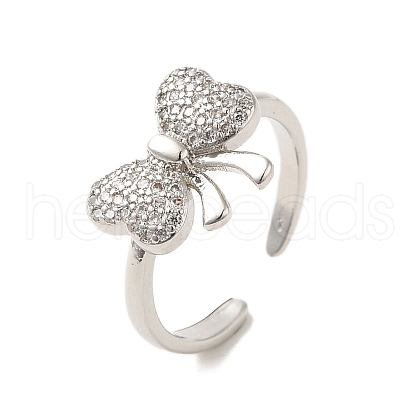 Bowknot Brass Micro Pave Clear Cubic Zirconia Cuff Rings for Women RJEW-G311-04A-P-1
