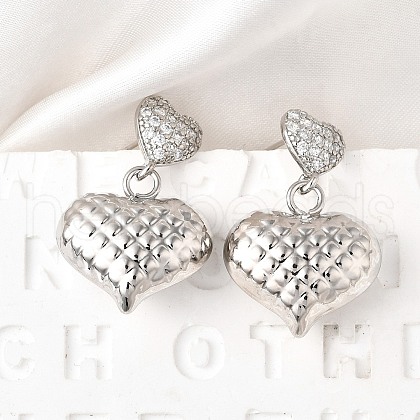 Textured Heart Brass Micro Pave Clear Cubic Zirconia Dangle Stud Earrings EJEW-Z099-02P-01-1