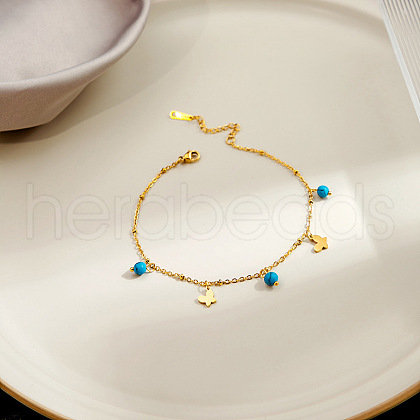 304 Stainless Steel & Round Synthetic Turquoise Charm Anklets FS-WGA577E-05-1