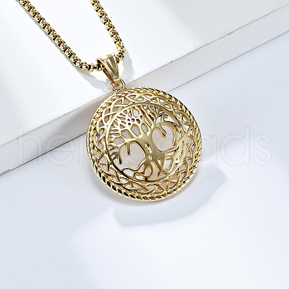 304 Stainless Steel Flat Round with Tree of Life Pendant Necklaces FS-WG13B06-02-1
