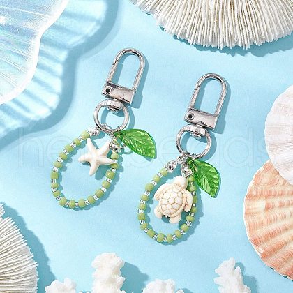 Starfish Turtle Synthetic Turquoise & Glass Seed Beads Pendant Decorations HJEW-JM03052-02-1
