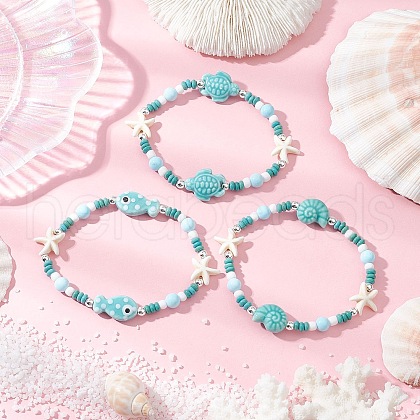 3Pcs Synthetic Turquoise & Porcelain & Dyed Natural Howlite Beads Stretch Bracelets for Women BJEW-JB11793-1