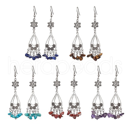 304 Stainless Steel Flower & Teardrop Chandelier Earrings EJEW-JE05624-1