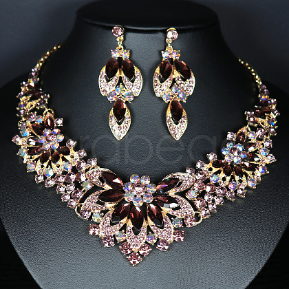 Flower Alloy Glass Rhinestone Pendant Necklace & Stud Dangle Earring Sets FS-WG74144-03-1