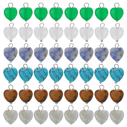 48Pcs 6 Styles Natural Rose Quartz & Blue Spot Jasper & Amethyst & Tiger Eye & Fluorite & Malaysia Jade Heart Charms with Platinum Tone Brass Loops PALLOY-DC00014-1
