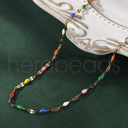 Colorful Enamel Oval & Dapped Link Chain Necklace NJEW-Q315-01G-1