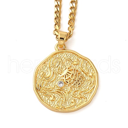 Brass Clear Cubic Zirconia Curb Chain Constellation Pendant Medal Necklaces for Women NJEW-U010-01G-03-1