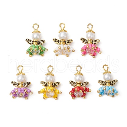 Handmade Nylon Wired Glass Beaded Pendants with Alloy Beads and Glass Pearl Beads PALLOY-MZ00511-1