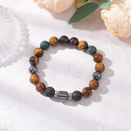 Natural Moss Agate & Lava Rock & Garnet & Tiger Eye & Non-Magnetic Synthetic Hematite Round Beads Stretch Bracelets for Men BJEW-JB11942-1