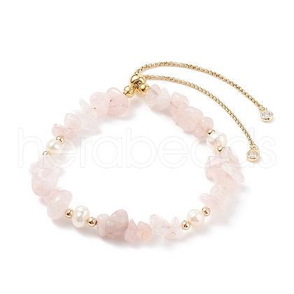 Natural Rose Quartz Chips & Pearl Beaded Slider Bracelet BJEW-JB08334-02-1