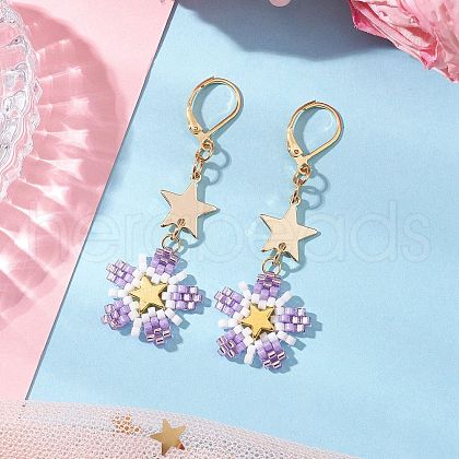 Brass Glass Seed Beads Flower Leverback Earrings EJEW-MZ00426-04-1